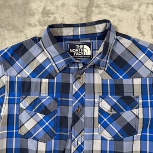 The North Face Mens Blue Plaid Button Large Outdoor Casual Short Sleeve Shirt